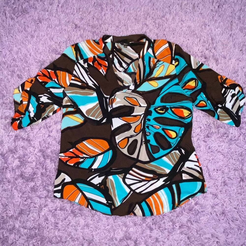 M Milano Brown Abstract Boho Half 3/4th Sleeve V Neck Work Career Blouse Top - Picture 6 of 12